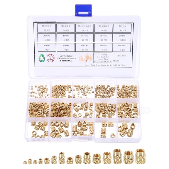 Uxcell 400pcs M2 M2.5 M3 M4 M5 M6 Metric Threaded Insert Brass Heat Set Insert Knurled Nuts Assortment Kit, 3D Printing Brass Nuts Female Threaded Inserts Nuts with Heat Set Insert Tips