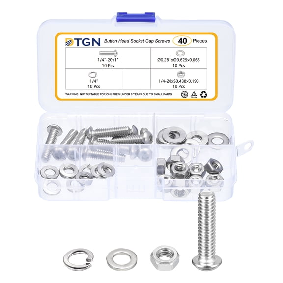 Uxcell 40Pack 1/4-20x1" Button Head Socket Cap Screws - 304 Stainless Steel Bolt Nut Set Washer Assortment Kit - Good for Road Bicycle, Mountain Bike, Auto