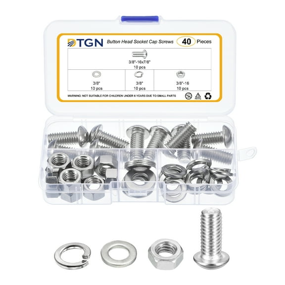 Uxcell 40Pack 3/8-16x7/8" Button Head Socket Cap Screws - 304 Stainless Steel Bolt Nut Set Washer Assortment Kit - Good for Road Bicycle, Mountain Bike, Auto