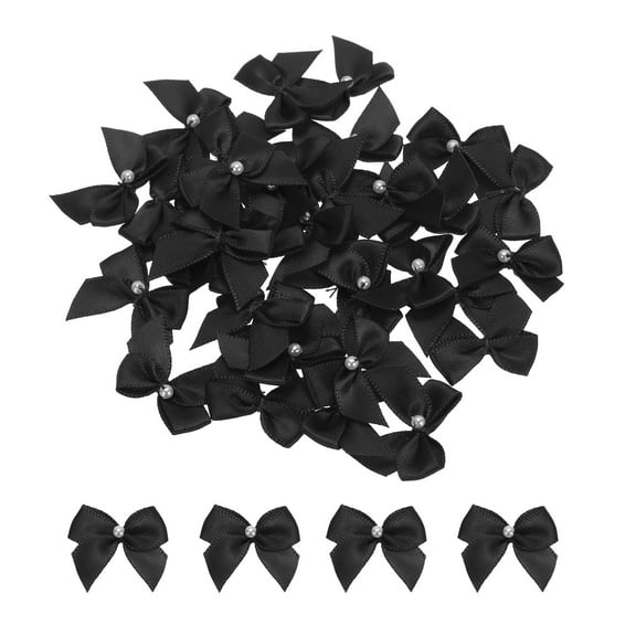 Uxcell 40Pcs Mini Black Ribbon Bow with Pearl 1" Ribbon Flowers Applique for Craft DIY Decoration