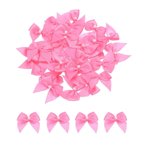 Uxcell 40Pcs Mini Dark Pink Ribbon Bow with Pearl 1" Ribbon Flowers Applique for Craft DIY Decoration