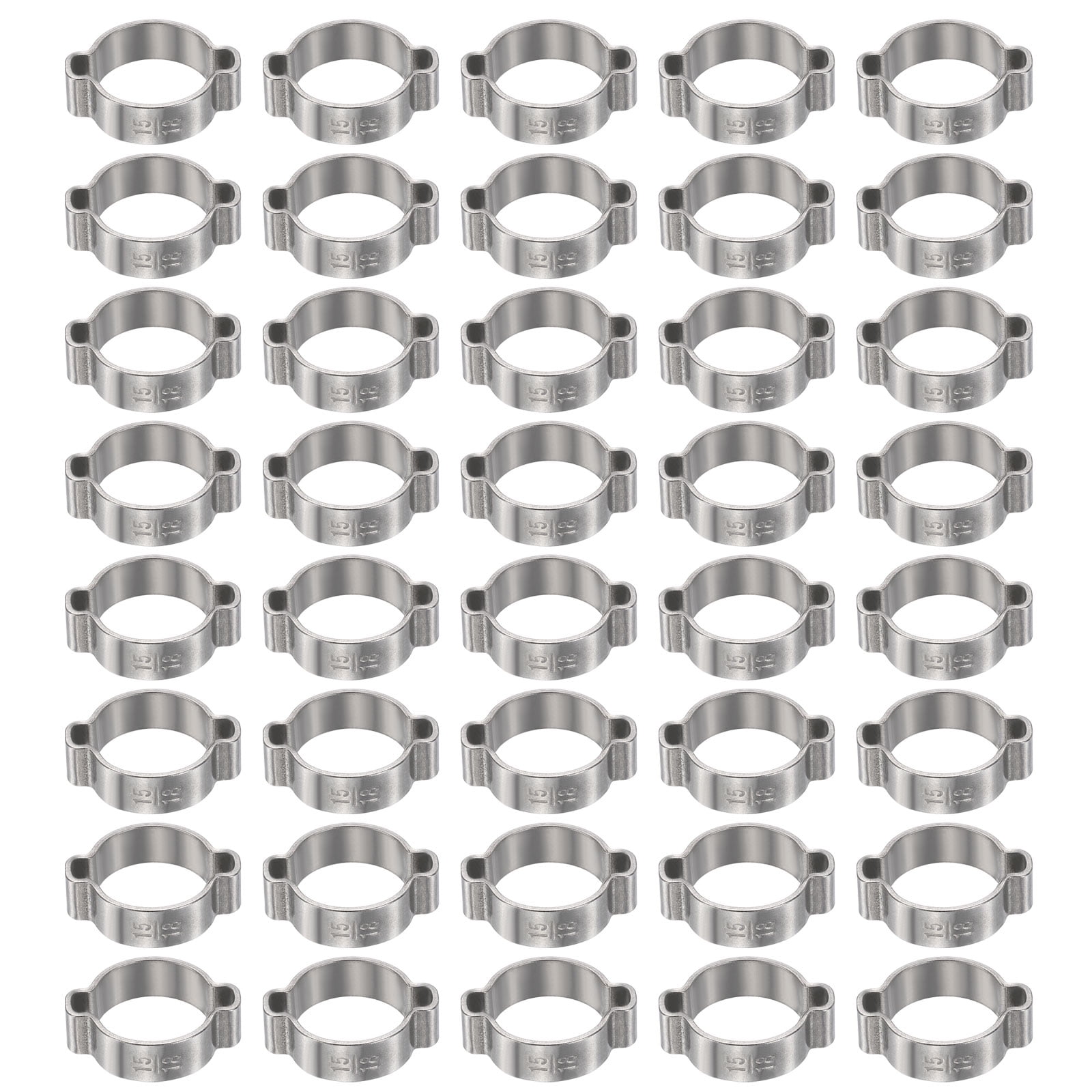 Uxcell 40pcs Double Ear Hose Clamp 15-18 mm 304 Stainless Steel Hose Clamp Double Ear O Clips Crimp Rings for Fuel Line Pipe Tube Fitting Connections, Silver