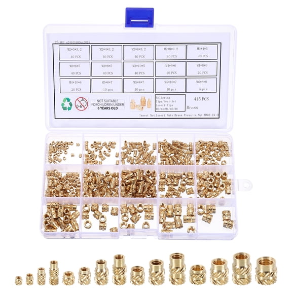 Uxcell 415pcs M2 M3 M4 M5 M6 Metric Threaded Inserts Brass Heat Set Insert Knurled Nuts Assortment Kit, 3D Printing Brass Nuts Female Threaded Inserts Nuts with Heat Set Insert Tips