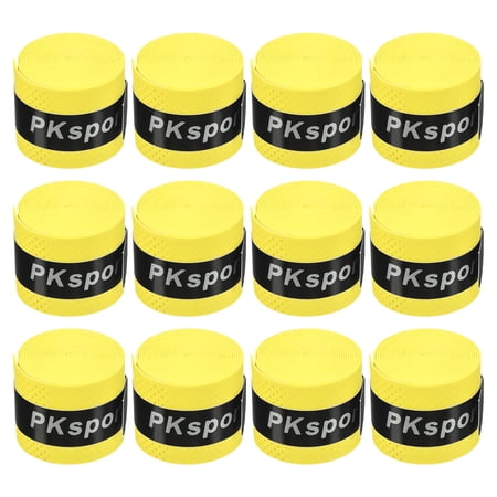 Uxcell 43.3" Round Groove Non-Slip PU Tennis Racket Overgrip Tape Wraps Yellow 12 Pack