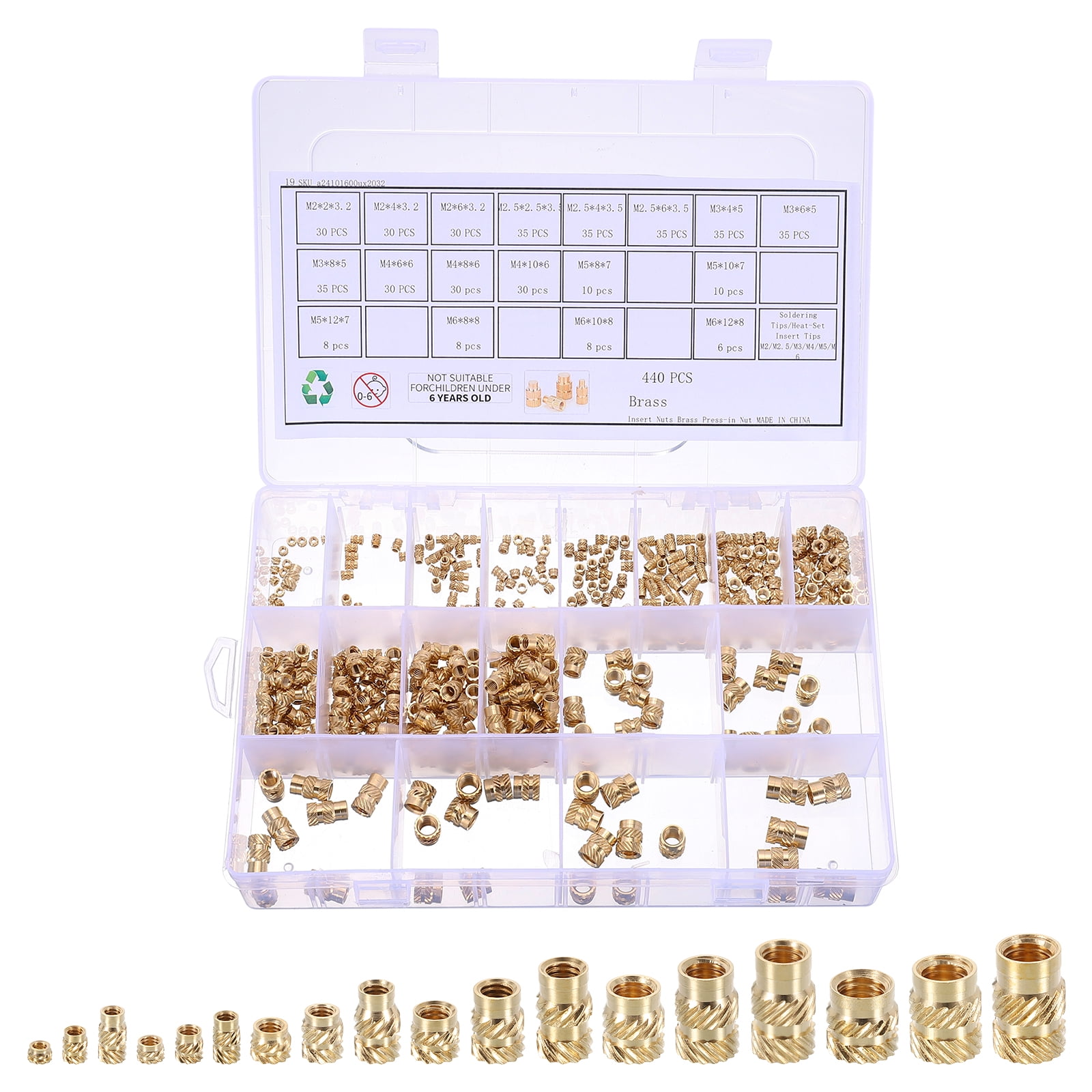 Uxcell 440pcs M2 M2.5 M3 M4 M5 M6 Metric Threaded Inserts Brass Heat ...