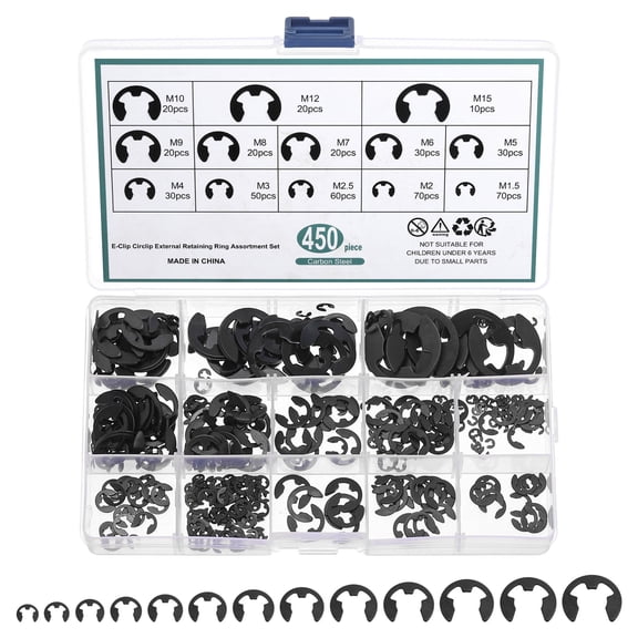 Uxcell 450 Pcs E-clip External Retaining Rings, Manganese Steel Snap Ring Kit, Black