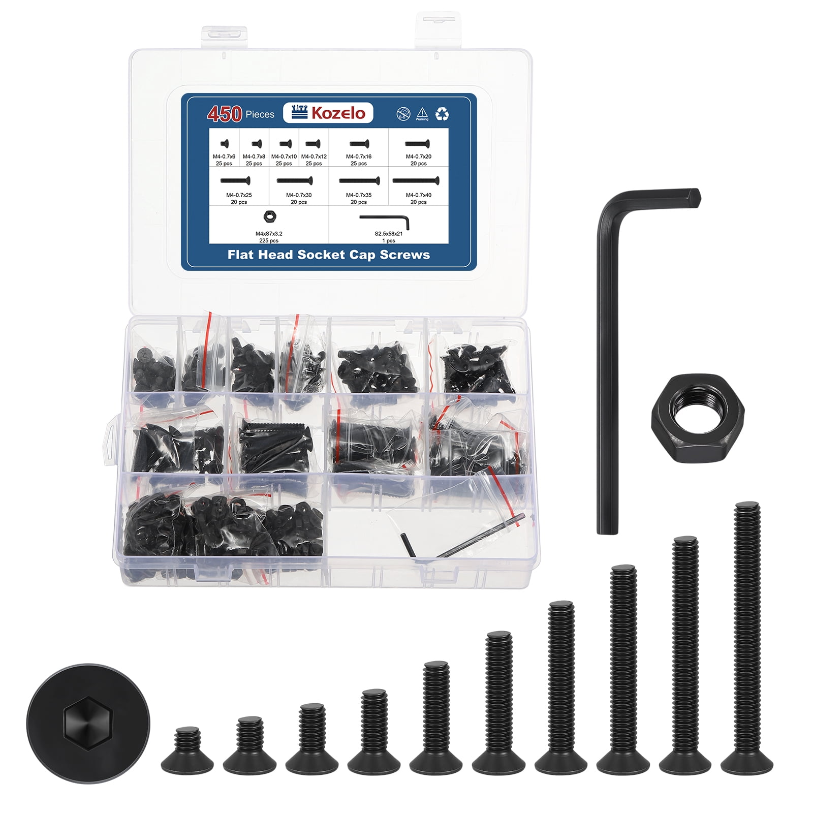 Uxcell 450 Pcs Flat Socket Cap Screws - [M4x0.7x6/8/10/12/16/20/25/30/35/40], Carbon Steel Countersunk Bolt, Black, for Automotive, Furniture Repair, Industrial Equipment Fixes