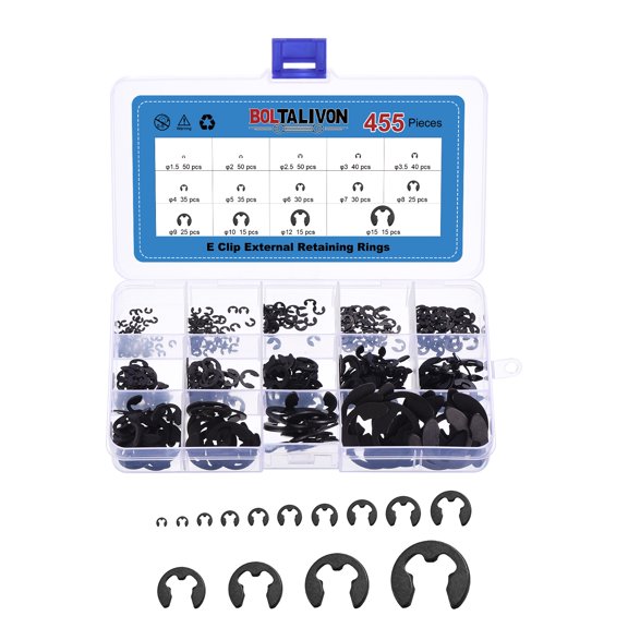 Uxcell 455 Pcs M1.5-M15 External Retaining Ring - 1.5mm-15mm E Clip Snap Rings Spring Steel External Circlip Retaining Clip for Axles, Shaft, Equipment Bearings, Moving Parts, Black