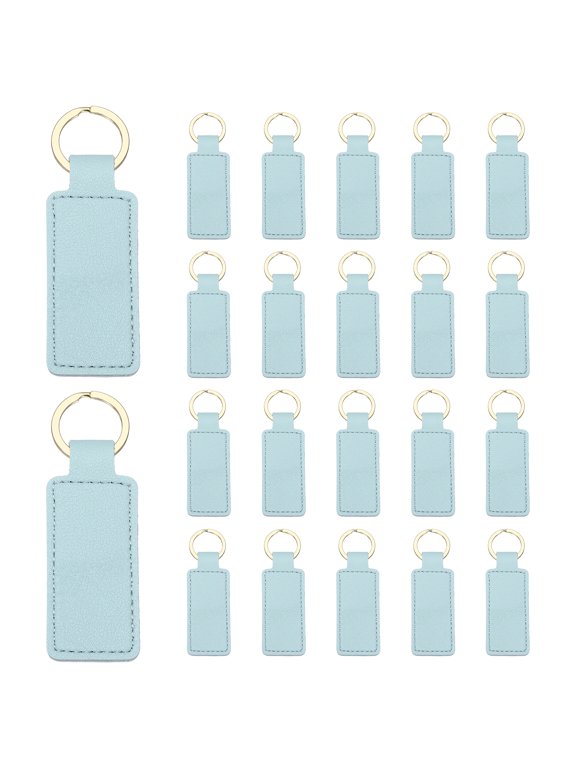48 Pcs PU Leather Keychain Blanks Bulk Rectangular Laser Engraving Key Fob Kit Personalized Keychain with Key Rings for DIY Supplies Gifts (Light Blue, 2.8"x1")