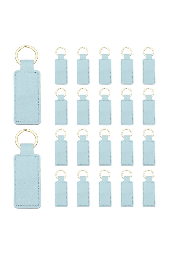 48 Pcs PU Leather Keychain Blanks Bulk Rectangular Laser Engraving Key Fob Kit Personalized Keychain with Key Rings for DIY Supplies Gifts (Light Blue, 2.8"x1")