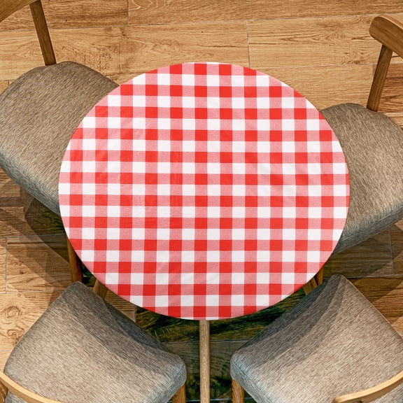 Uxcell 48-inch Round Fitted Tablecloth with Elastic Edge, Round Table Cloth Waterproof Stretchable Vinyl Tables Cover Fit 35"-43" Diameter for Picnic Camping Outdoor, Red/White