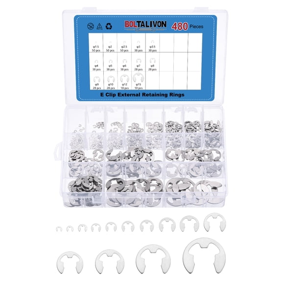 Uxcell 480 Pcs M1.5-M15 External Retaining Ring - 1.5mm-15mm E Clip Snap Rings Stainless Steel 18-8 (304) External Circlip Retaining Clip for Axles, Shaft, Bearings, Moving Parts, Silver