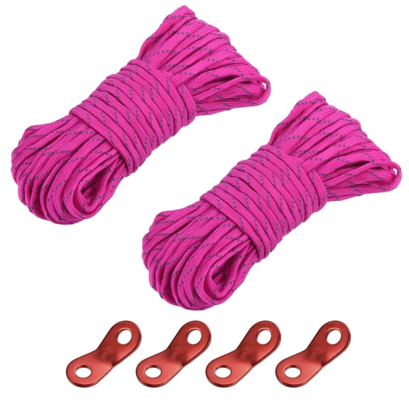Uxcell 49.2FT 4mm Reflective Camping Guyline Rope Dark Pink 2Pack with Cord Adjusters 4Pack, 1 Set