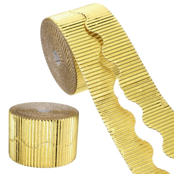 Uxcell 49.2ft Bulletin Board Border, Corrugated Paper Decorative Wavy Border, Scalloped Rolled Border Trim for Crafts Classroom Offices DIY Project Party Birthday Decoration, Gold