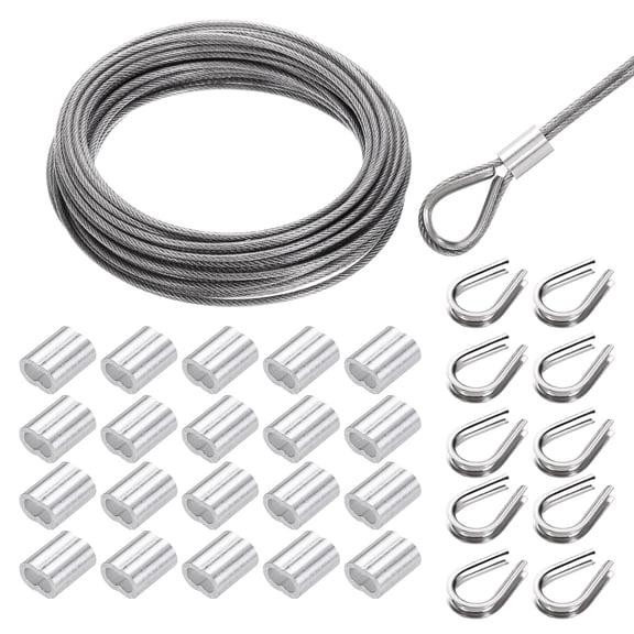 Uxcell 49FT Stainless Steel Cable Kit,  1/8" Silver 7x7 Strand Wire Rope with Loop Sleeves for Outdoor Deck Fence Wire