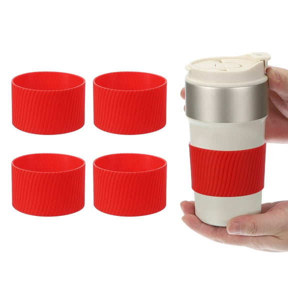 Uxcell 4Pack Coffee Cup Sleeves, Reusable Silicone Heat Resistant Cup Protective Sleeve Nonslip Mug Protector Cover for Home Travel Coffee Mug Glasses Water Bottle Boots, Red
