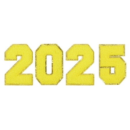 Uxcell 4Packs 2025 Glitters Chenille Number Patches 8 cm/3 Inch Embroidery Numbers Patches for T-Shirt, Hat, Bags Yellow