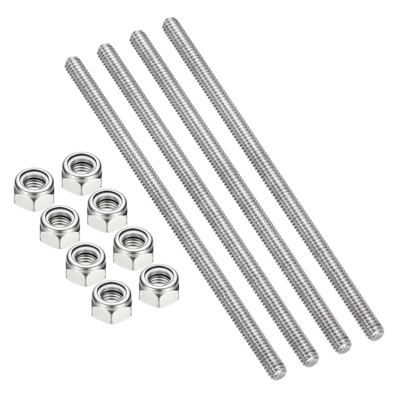 Uxcell 4Pcs 1/4"-20x140mm Threaded Rods with Hex Nuts, 304 Stainless Steel Fully Threaded Rod Right Hand Threads with 8Pcs Nylon Insert Lock Nut for Clamps Hangers U-Bolt, Silver Tone