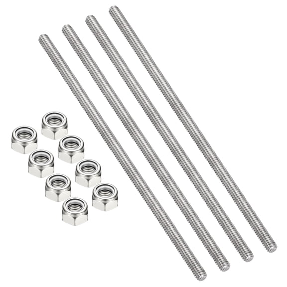 Uxcell 4Pcs 1/4"-20x200mm Threaded Rods with Hex Nuts, 304 Stainless Steel Fully Threaded Rod Right Hand Threads with 8Pcs Nylon Insert Lock Nut for Clamps Hangers U-Bolt, Silver Tone