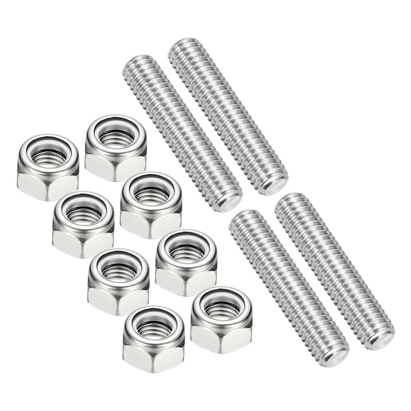 Uxcell 4Pcs 3/8"-16x45mm Threaded Rods with Hex Nuts, 304 Stainless Steel Fully Threaded Rod Right Hand Threads with 8Pcs Nylon Insert Lock Nut for Clamps Hangers U-Bolt, Silver Tone