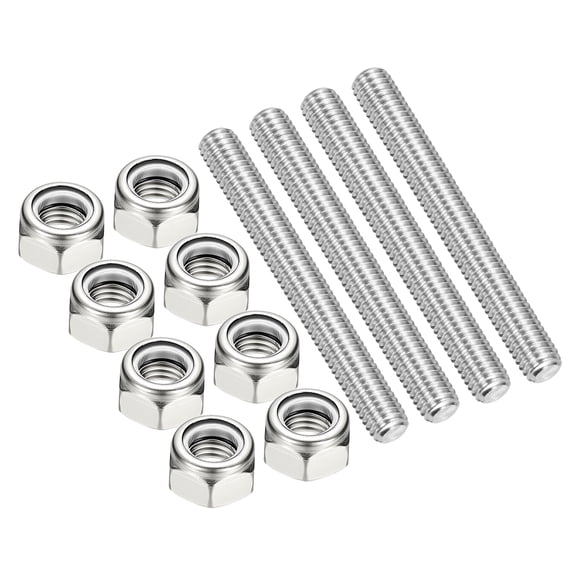 Uxcell 4Pcs 3/8"-16x70mm Threaded Rods with Hex Nuts, 304 Stainless Steel Fully Threaded Rod Right Hand Threads with 8Pcs Nylon Insert Lock Nut for Clamps Hangers U-Bolt, Silver Tone