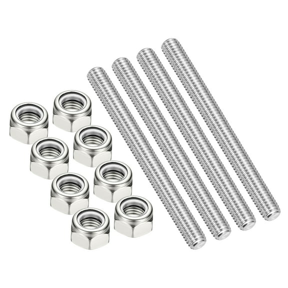 Uxcell 4Pcs 3/8"-16x80mm Threaded Rods with Hex Nuts, 304 Stainless Steel Fully Threaded Rod Right Hand Threads with 8Pcs Nylon Insert Lock Nut for Clamps Hangers U-Bolt, Silver Tone