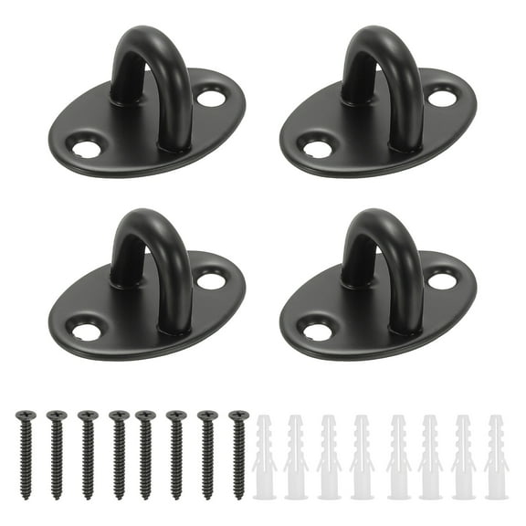 4Pcs 304 Stainless Steel Ceiling Hooks, Oval Pad Eyes Plate Metal Wall Mount U Ceiling Hook with Screws for Hanging Ropes Post Queue Line Barrier, Black