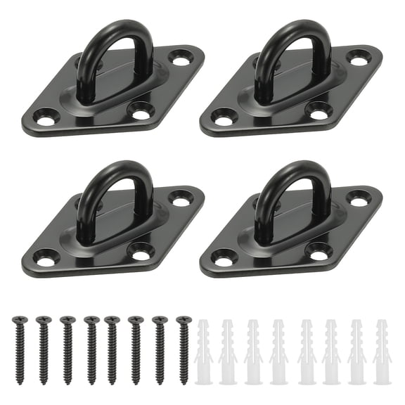 4Pcs 304 Stainless Steel Ceiling Hooks, Rhombus Pad Eyes Plate Metal Wall Mount U Ceiling Hook with Screws for Hanging Ropes Post Queue Line Barrier, Black