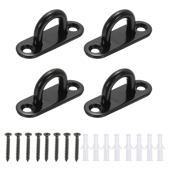 4Pcs 304 Stainless Steel Ceiling Hooks, Rounded Rectangle Pad Eyes Plate Metal Wall Mount U Ceiling Hook with Screws for Hanging Ropes Post Queue Line Barrier, Black