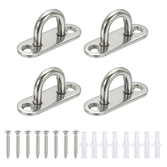 4Pcs 304 Stainless Steel Ceiling Hooks, Rounded Rectangle Pad Eyes Plate Metal Wall Mount U Ceiling Hook with Screws for Hanging Ropes Post Queue Line Barrier, Silver
