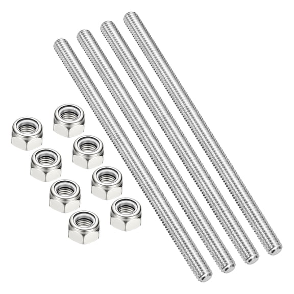 Uxcell 4Pcs 5/16"-18x150mm Threaded Rods with Hex Nuts, 304 Stainless Steel Fully Threaded Rod Right Hand Threads with 8Pcs Nylon Insert Lock Nut for Clamps Hangers U-Bolt, Silver Tone