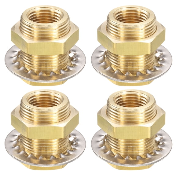Uxcell 4Pcs Brass Bulkhead Fitting NPT 1/2" Female Double Threaded Water Tank Connector with Seal Washers for Rain Bucket Sinks Aquariums