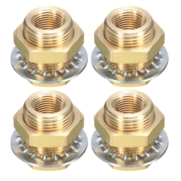 Uxcell 4Pcs Brass Bulkhead Fitting NPT 3/8" Female Double Threaded Water Tank Connector with Seal Washers for Rain Bucket Sinks Aquariums