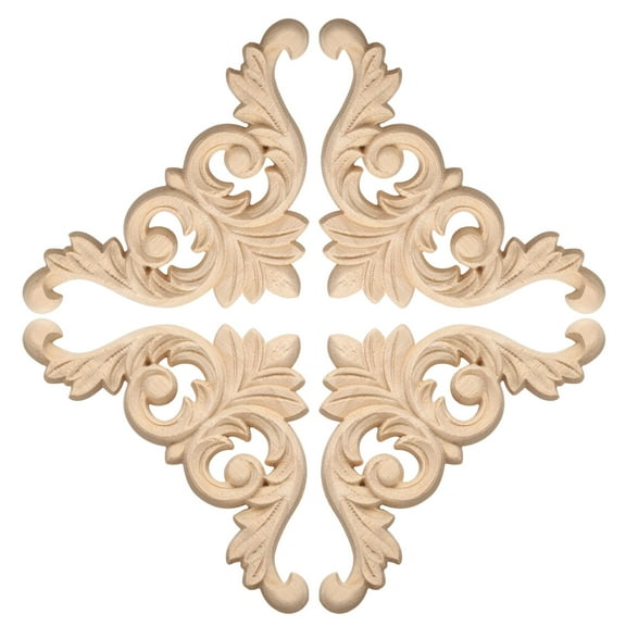 Uxcell 4Pcs Carved Wood Appliques Onlays, 10x10 cm/3.9x3.9 in Unpainted Corners Flower Carvings Decals for Dressers