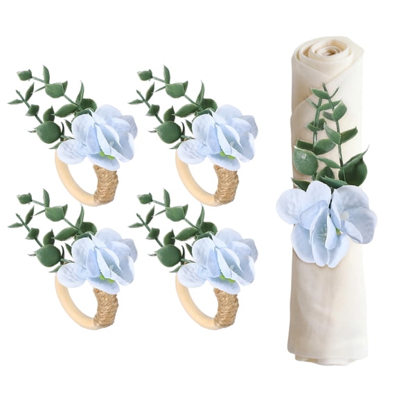 Uxcell 4Pcs Flower Napkin Rings, Handmade Eucalyptus Napkin Ring Holders Buckles Table Decorations for Christmas Thanksgiving Valentine Decor Wedding Parties, Banquet, Home, Blue