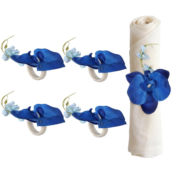 Uxcell 4Pcs Flower Napkin Rings, Handmade Orchid Napkin Ring Holders Buckles Table Decorations for Christmas Thanksgiving Valentine Decor Wedding Parties, Banquet, Home, Blue