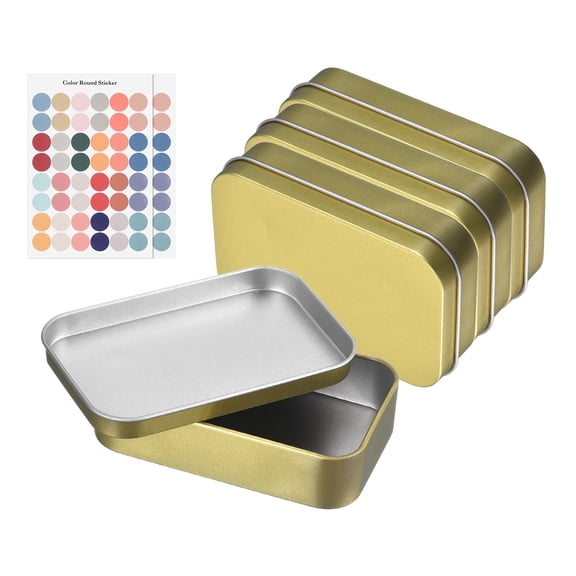Uxcell 4Pcs Metal Tin Box Container, 3.7x2.4x0.9" Rectangular Empty Box with Self Adhesive Colored Stickers, Mini Portable Storage Containers for Candy, Drawing Pin Crafts, Light Gold