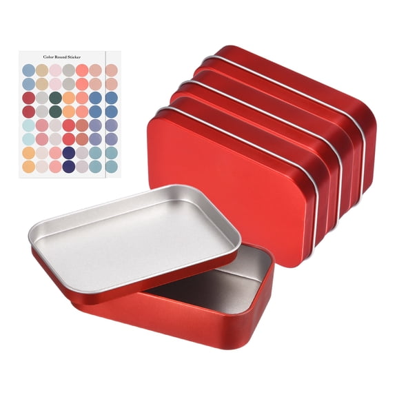 Uxcell 4Pcs Metal Tin Box Container, 3.7x2.4x0.9" Rectangular Empty Box with Self Adhesive Colored Stickers, Mini Portable Storage Containers for Candy, Drawing Pin Crafts, Red
