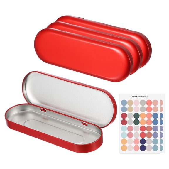 Uxcell 4Pcs Metal Tin Box Container, 6.9x2.4x0.7" Oval Empty Hinged Lid Box with Self Adhesive Colored Sticker, Mini Portable Storage Container for Candy, Drawing Pin Crafts, Red