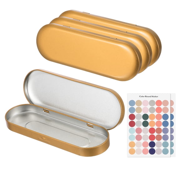Uxcell 4Pcs Metal Tin Box Container, 6.9x2.4x0.7" Oval Empty Hinged Lid Box with Self Adhesive Colored Sticker, Mini Portable Storage Container for Candy, Drawing Pin, Champagne Gold