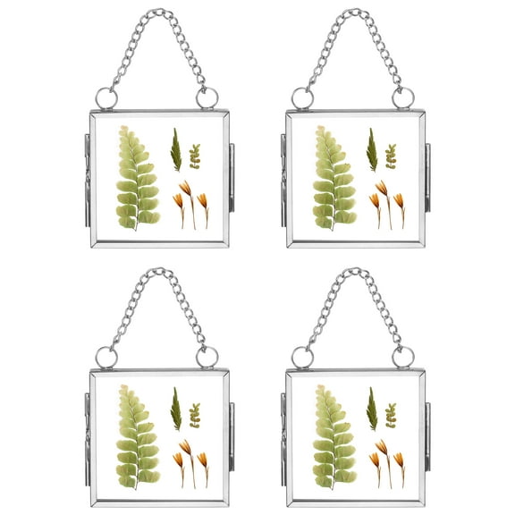 Uxcell 4Pcs Mini Hanging Glass Frame, 2x2 Inch Clear Brass Frame with Chain Square Floating Picture Frame Double Glass