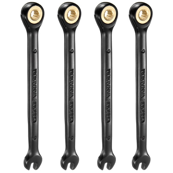 Uxcell 4Pcs Ratcheting Wrench 6mm Metric Open End Wrench 72-Teeth CR-V Steel 12 Point Nickel Plated Combination Ratchet Wrench