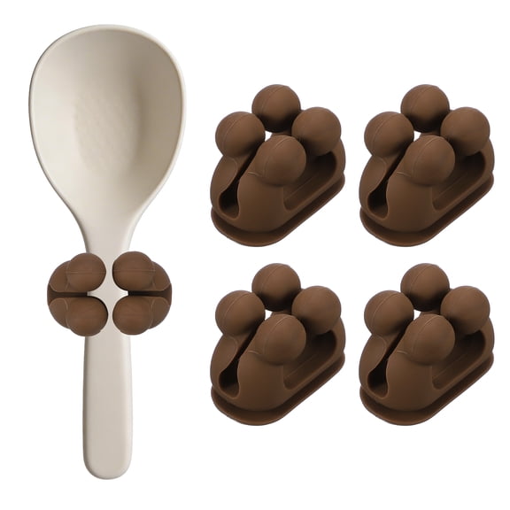 Uxcell 4Pcs Silicone Rice Spoon Holder, Self Adhesive Mount Rice Paddle Spatula Holder Spoon Rest Organizer Clip Hook Hanging for Home Kitchen Restaurants, Brown(Upgraded Clip)
