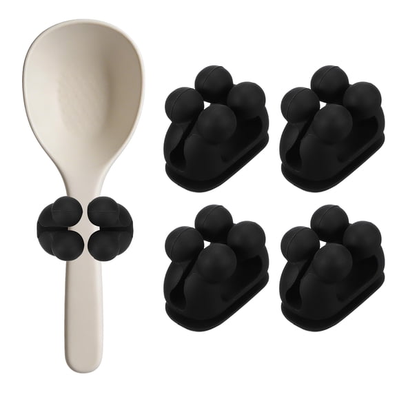 Uxcell 4Pcs Silicone Rice Spoon Holder, Self Adhesive Mount Rice Paddle Spatula Holder Spoon Rest Organizer Clip Hook Hanging for Home Kitchen Restaurants, Black(Upgraded Clip)