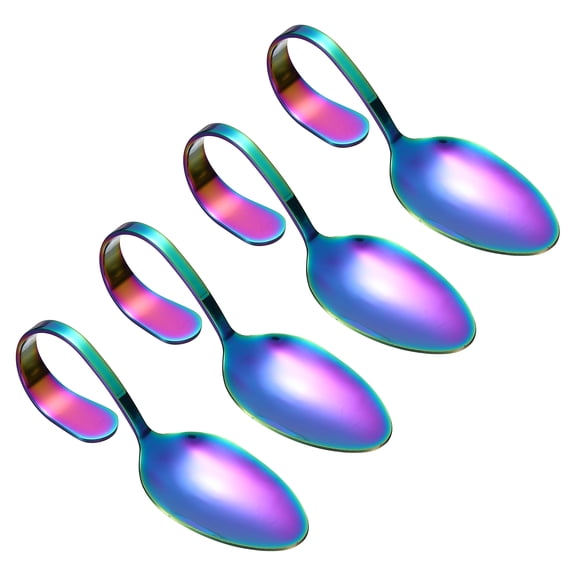 Uxcell 4Pcs Stainless Steel Curved Handle Spoon, Mirror Polished Pointed Bent Serving Spoons for Home Restaurants Kitchen Dining Salad Seafood Sushi Buffet Cooking Utensils, Iridescent