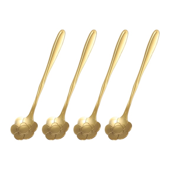 Uxcell 4Pcs Stainless Steel Flower Spoons 5 Inch Flower Shape Coffee Spoon Small Teaspoon Dessert Spoon for Espresso Sugar Cake, Gold