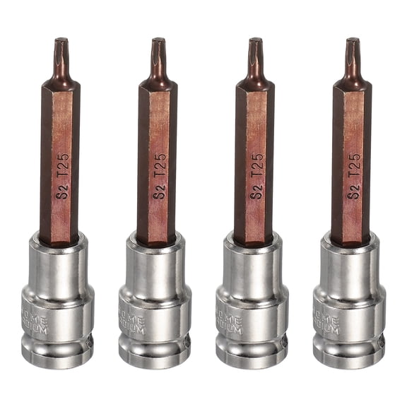 Uxcell 4Pcs Torx Bit Socket 1/2" Drive T25 S2 Steel 6 Point Head Long Screwdriver Drill Bits CR-V Steel Socket Adapter for Home Auto Axle Hex Nuts Bolts Repair
