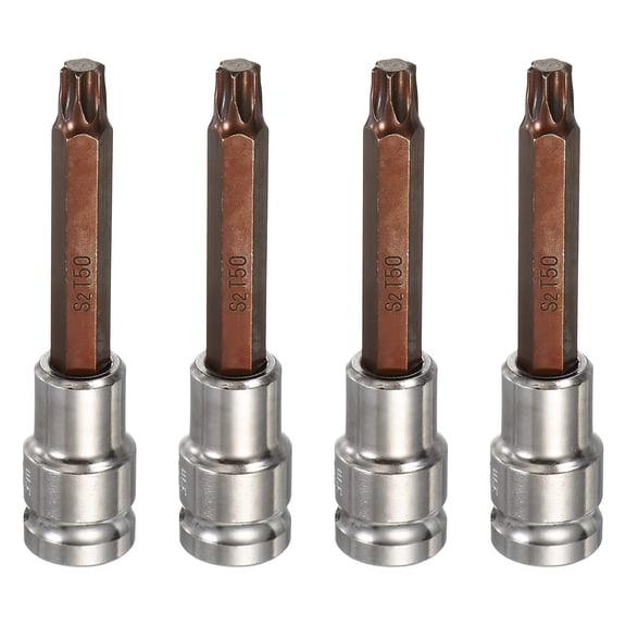 Uxcell 4Pcs Torx Bit Socket 1/2" Drive T50 S2 Steel 6 Point Head Long Screwdriver Drill Bits CR-V Steel Socket Adapter for Home Auto Axle Hex Nuts Bolts Repair