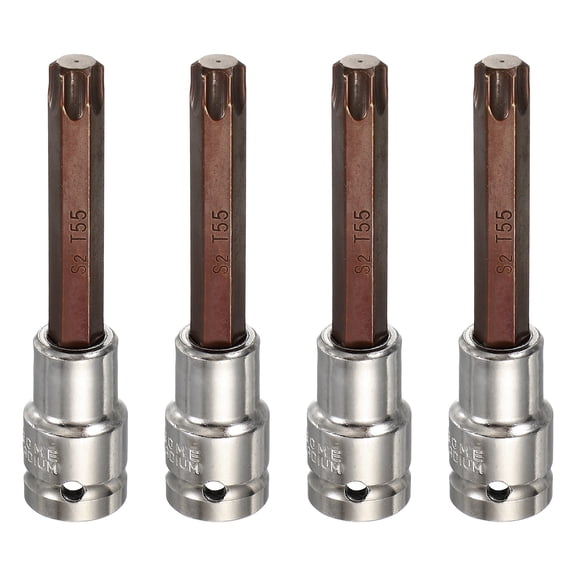 Uxcell 4Pcs Torx Bit Socket 1/2" Drive T55 S2 Steel 6 Point Head Long Screwdriver Drill Bits CR-V Steel Socket Adapter for Home Auto Axle Hex Nuts Bolts Repair