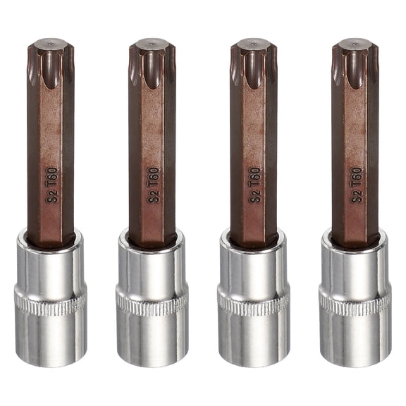 Uxcell 4Pcs Torx Bit Socket 1/2" Drive T60 S2 Steel 6 Point Head Long Screwdriver Drill Bits CR-V Steel Socket Adapter for Home Auto Axle Hex Nuts Bolts Repair